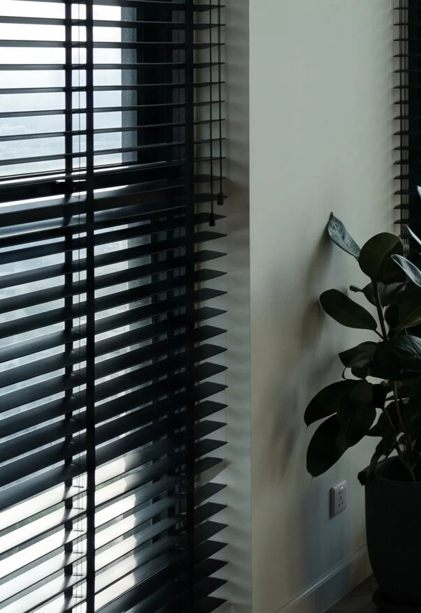 Custom Size Black Wooden Venetian Blinds | Motorized & Tape Options