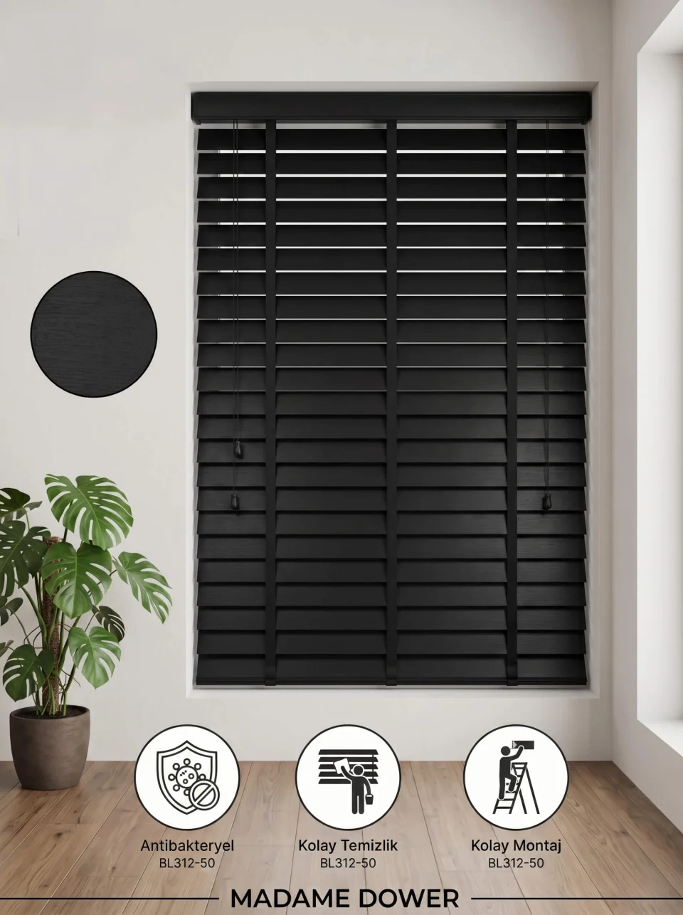 Custom Size Black Wooden Venetian Blinds | Motorized & Tape Options