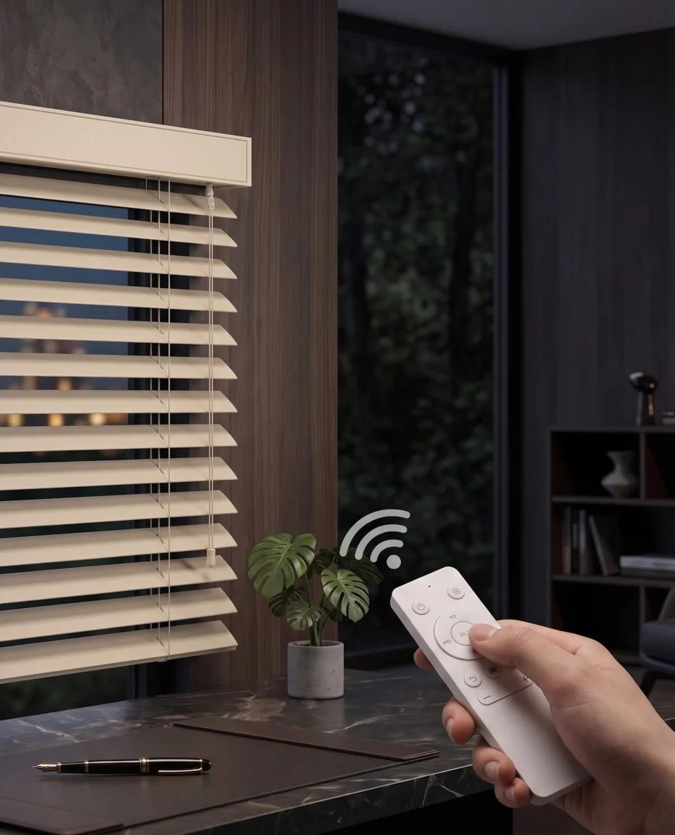 Timeless Harmony: Beige Wooden Venetian Blinds | Motorized & Made-to-Measure