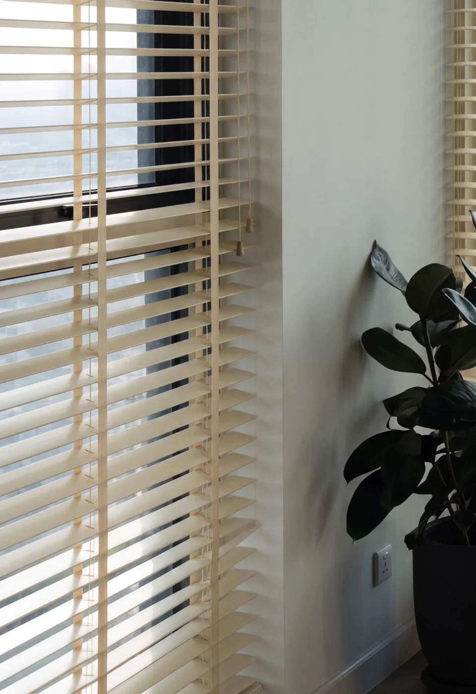Timeless Harmony: Beige Wooden Venetian Blinds | Motorized & Made-to-Measure