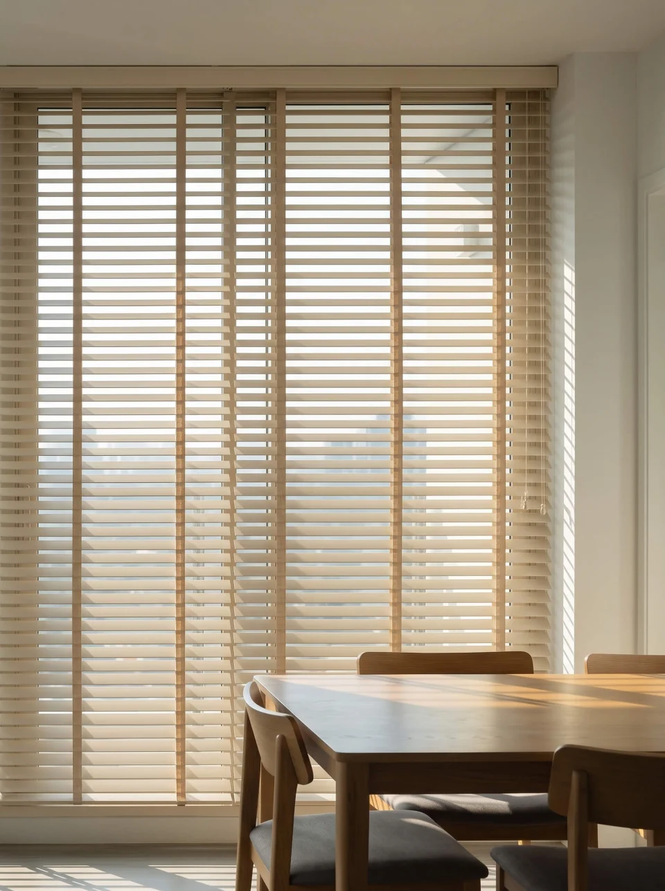 Timeless Harmony: Beige Wooden Venetian Blinds | Motorized & Made-to-Measure