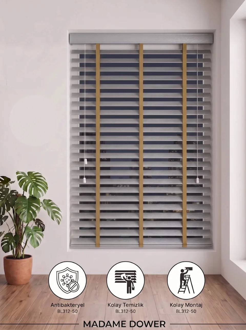 Silvery Brightness: Light Grey Wooden Blinds | Airy, Motorized & Bespoke
