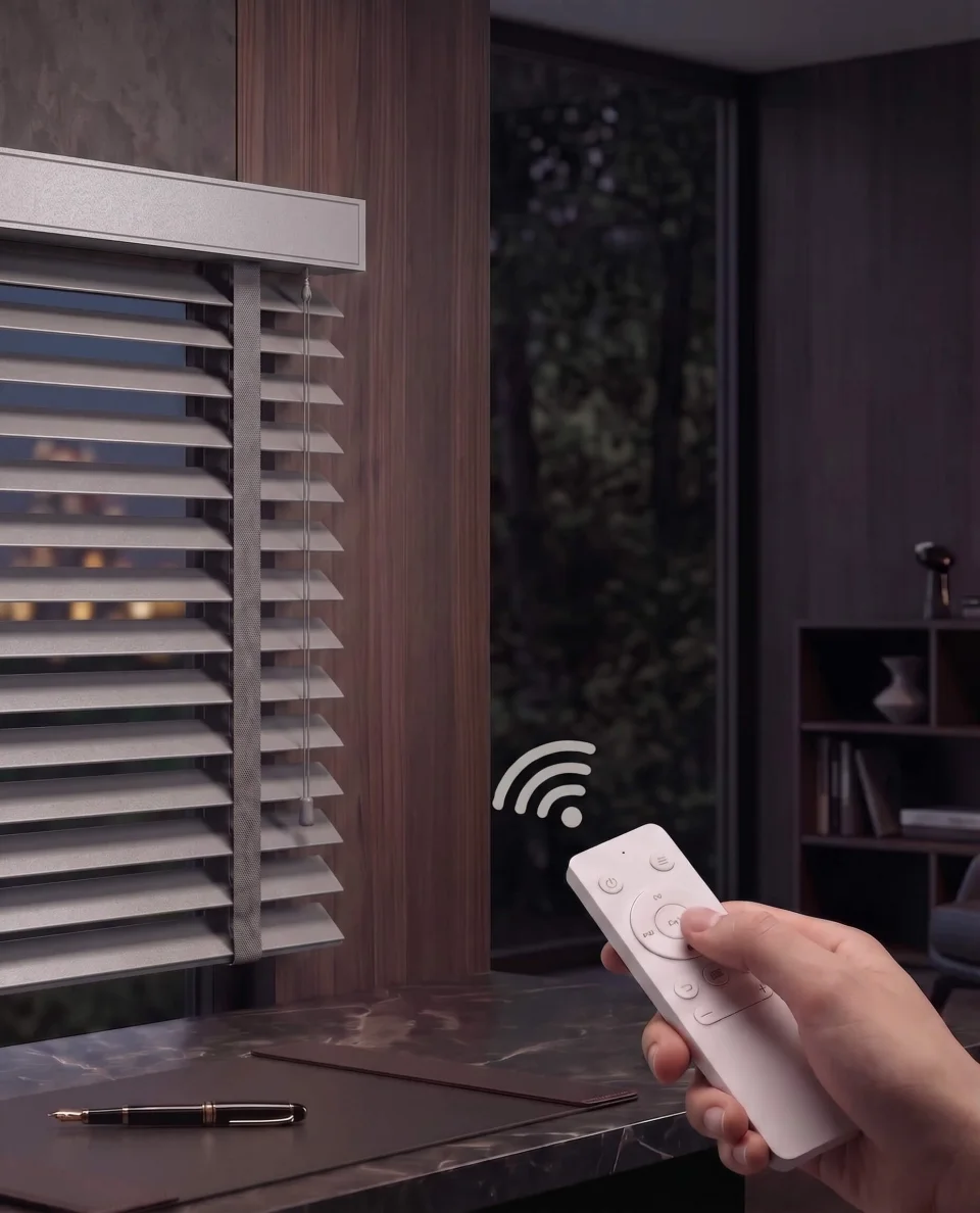 Silvery Brightness: Light Grey Wooden Blinds | Airy, Motorized & Bespoke