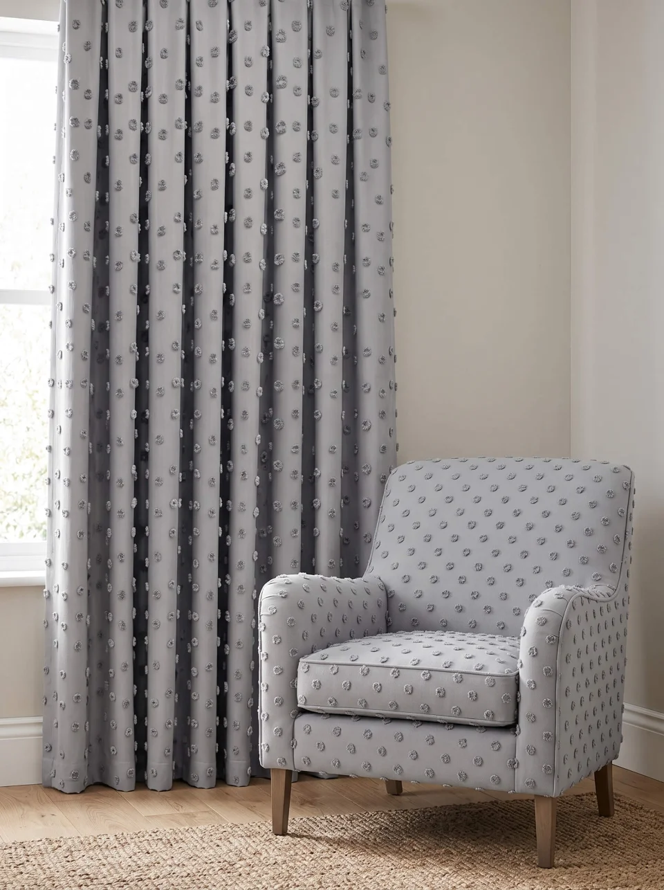 Özel Ölçü Ponponlu Gri Keten Fon Perde | Tufted Linen Curtain | Modern El İşçiliği Perde