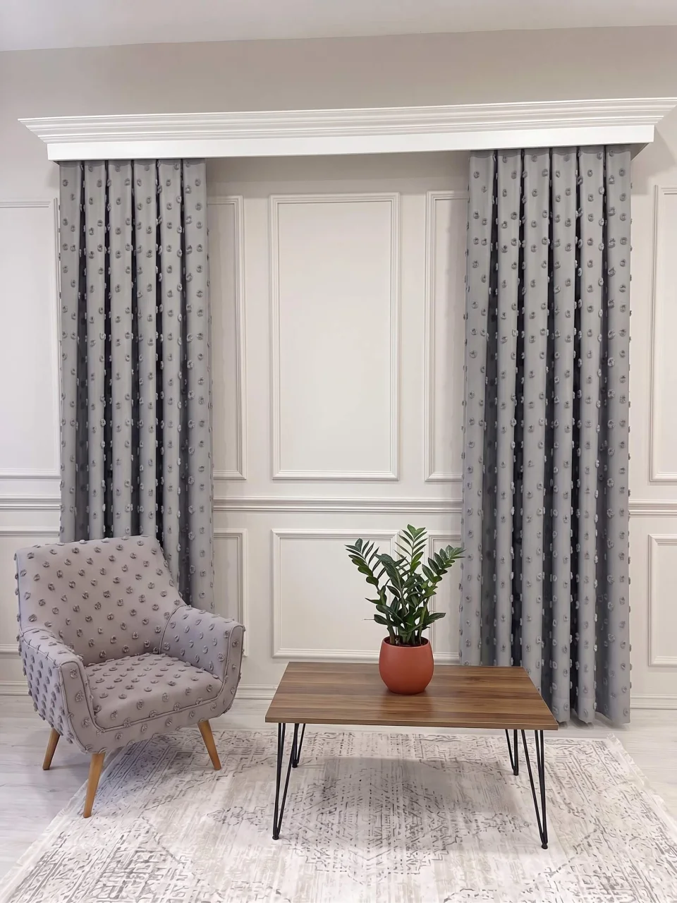 Özel Ölçü Ponponlu Gri Keten Fon Perde | Tufted Linen Curtain | Modern El İşçiliği Perde