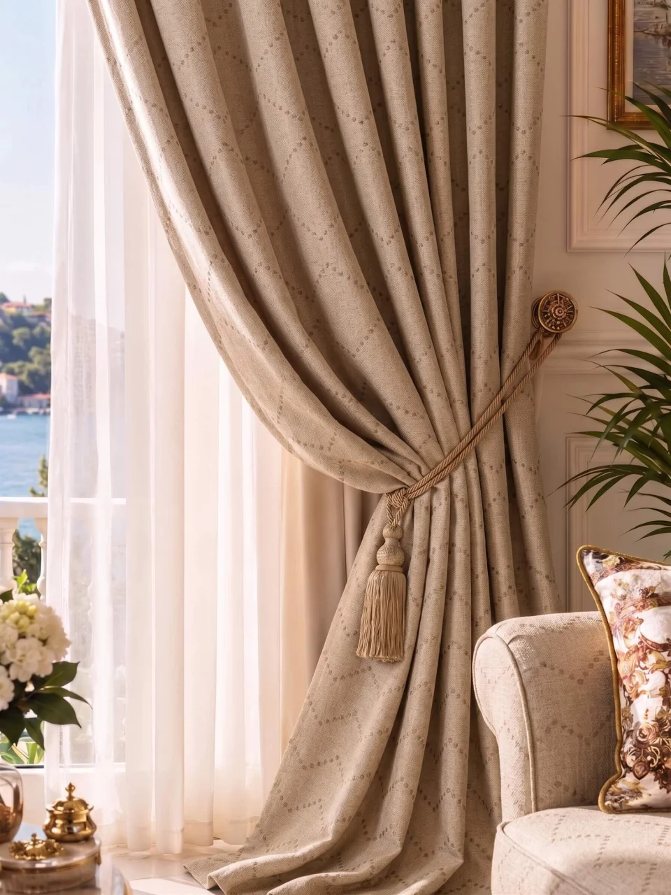 Cortinas Beige Texturizadas Diseño Zigzag con Pompones | A Medida, Técnica de Confección Personalizada