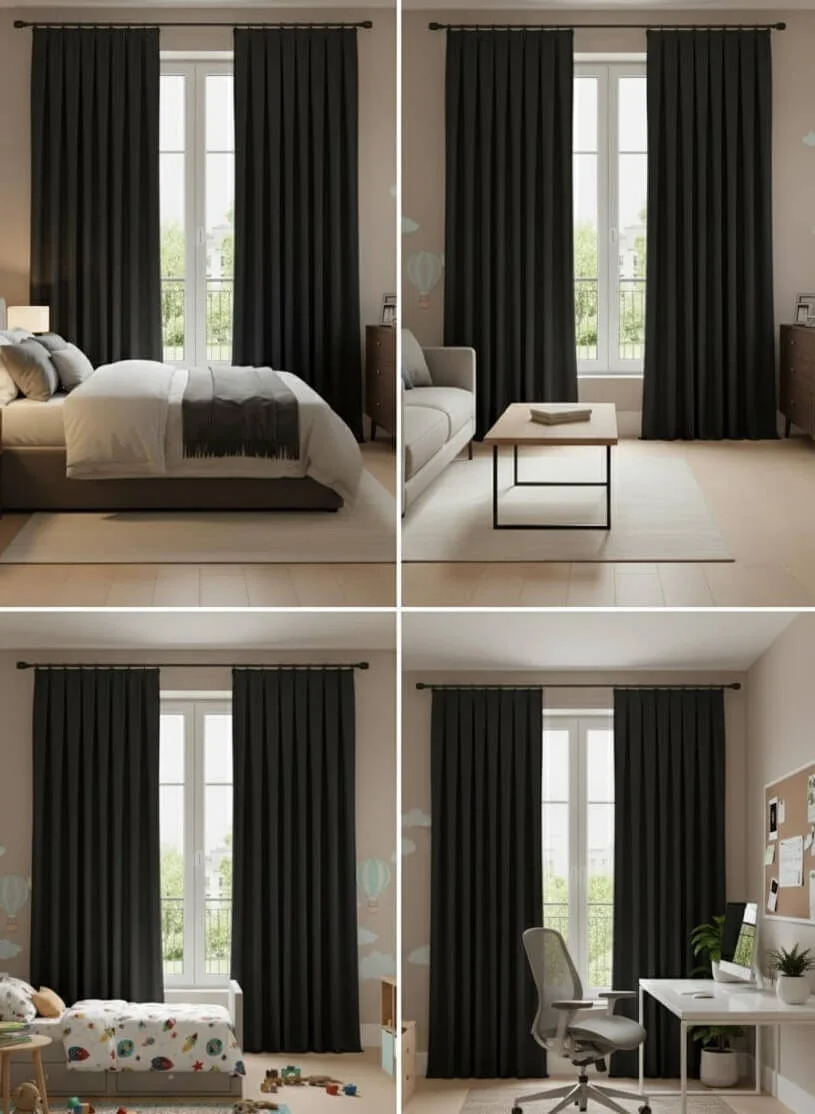 Cortinas de Terciopelo Suave Color Negro, Cortinas Lisas a Medida