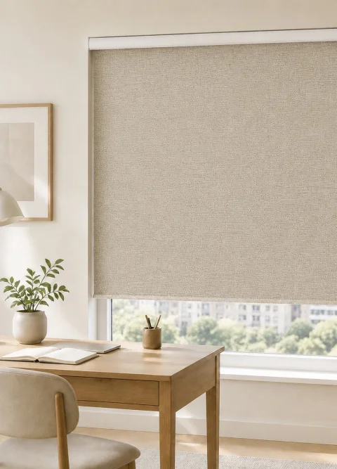 Dekoratif Dokulu Bej Stor Perde, Kolay Montaj Silinebilir Kumaş 4