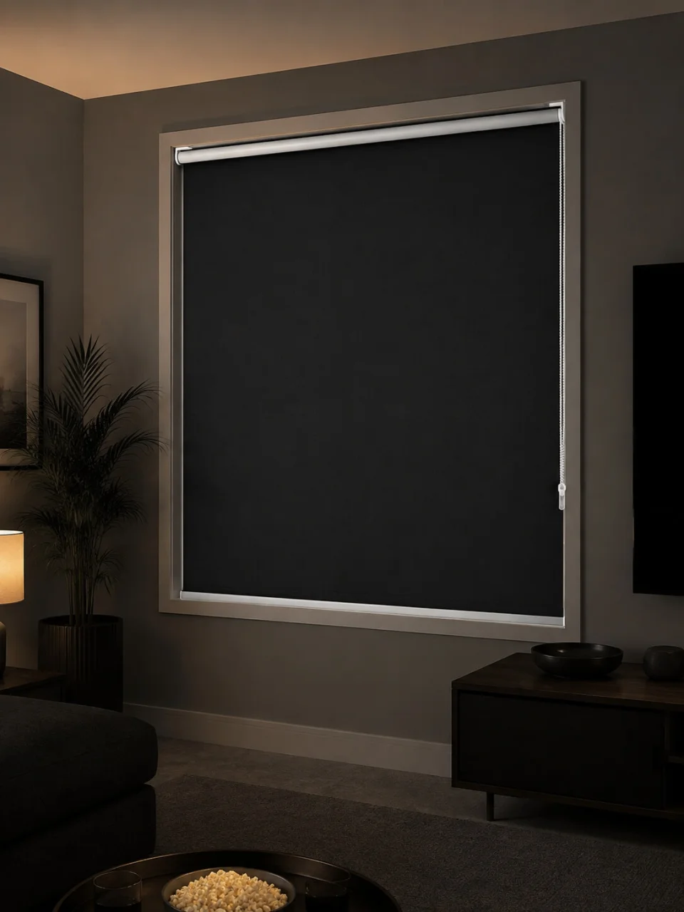Estor enrollable opaco negro a medida — tejido 100% opaco
