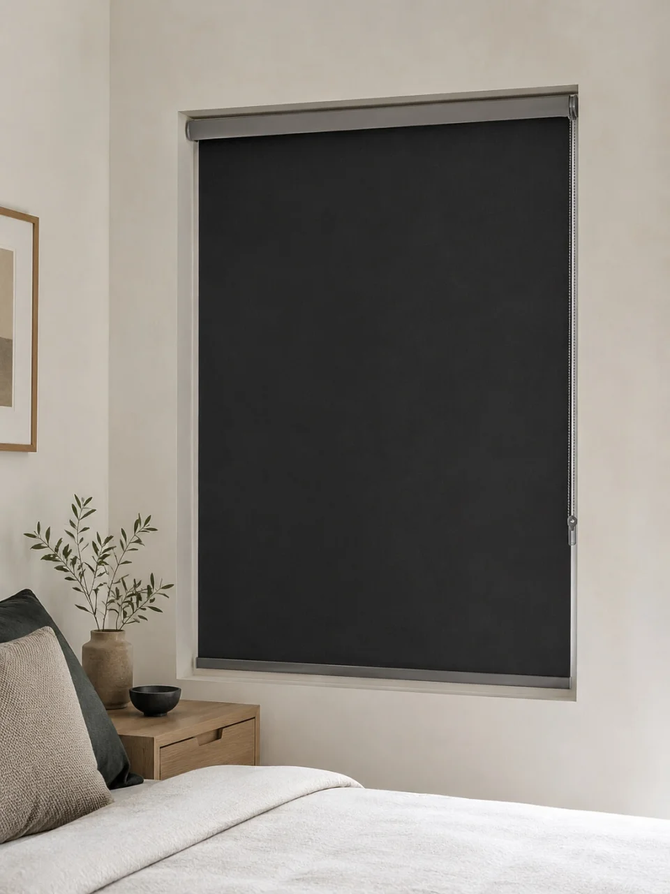Estor enrollable opaco negro a medida — tejido 100% opaco